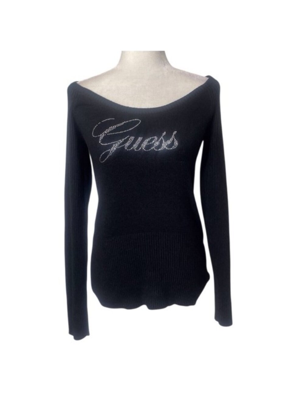 Y2K Guess Rhinestone Logo Knit Off Shoulder Sweater Open Back Keyhole Top